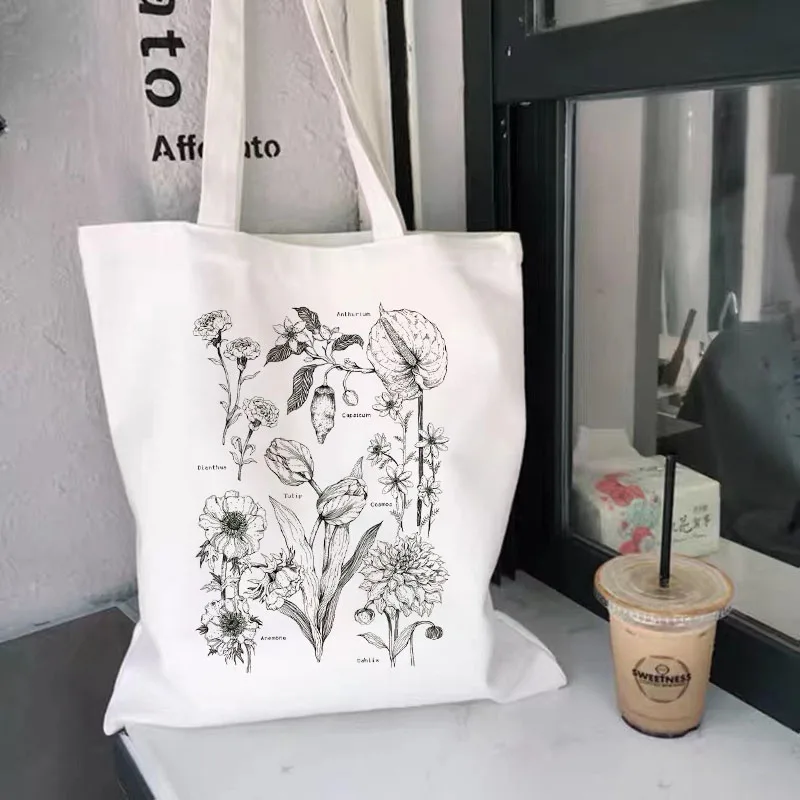 Готически дамски чанти Голям капацитет Harajuku Карикатура Реколта Цветя Пазарска чанта Холщовая чанта Забавни дамски чанти За рамо Изображение 2