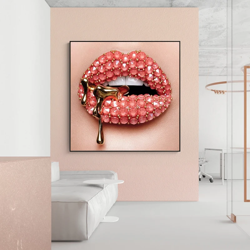 Розово Устата Течни Платно Изкуство Живопис Модерни Секси Устни Плакати и Щампи Стенни Художествени Картини за Хола Дизайн на Къща Декор Изображение 5