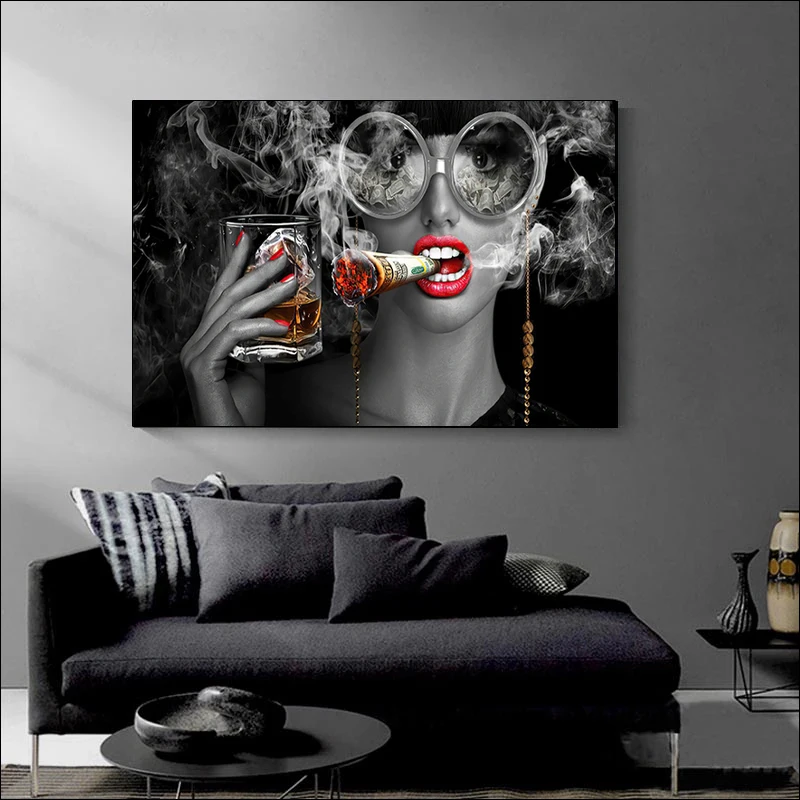 Червена Устна Модерна жена е Черно - бяла Цигара Платно за Живопис за Печатане на Стенно Изкуство Картина за Хола Начало Декор Куадрос Изображение 1