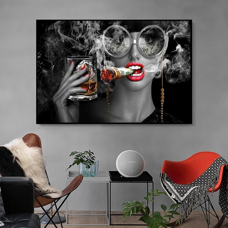 Червена Устна Модерна жена е Черно - бяла Цигара Платно за Живопис за Печатане на Стенно Изкуство Картина за Хола Начало Декор Куадрос Изображение 2