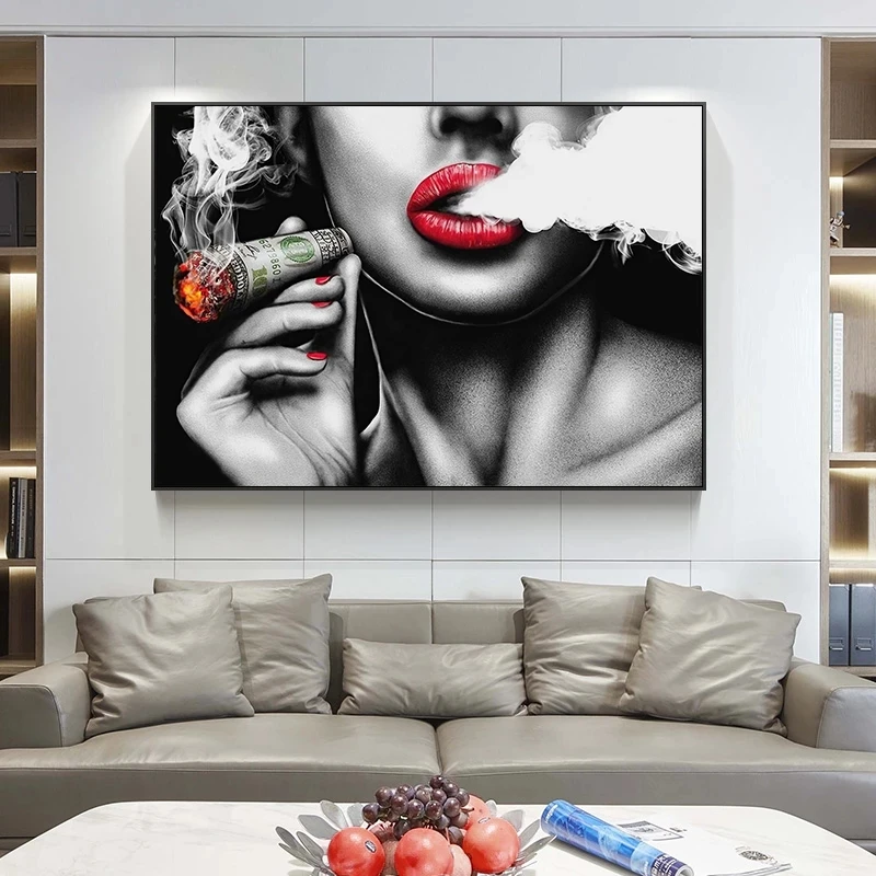 Червена Устна Модерна жена е Черно - бяла Цигара Платно за Живопис за Печатане на Стенно Изкуство Картина за Хола Начало Декор Куадрос Изображение 3