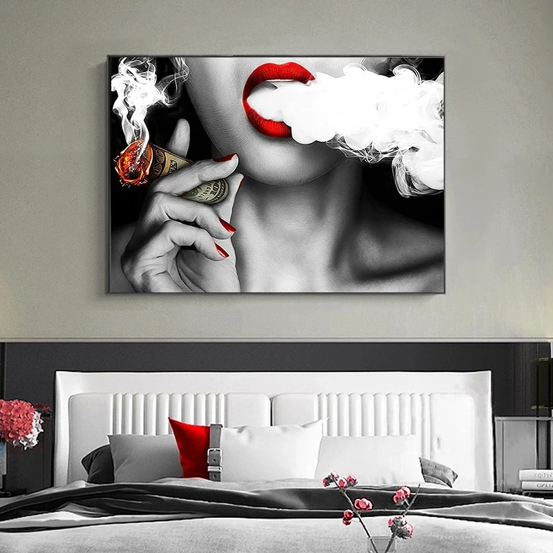 Червена Устна Модерна жена е Черно - бяла Цигара Платно за Живопис за Печатане на Стенно Изкуство Картина за Хола Начало Декор Куадрос Изображение 5