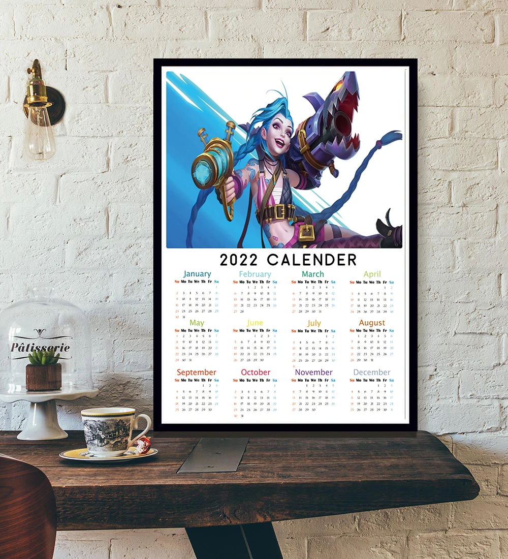 2022 Нова година Календар Тайната игра ХАХА, Телевизионно шоу на Анимационната Лига Легенди Джинкс VI Стенно изкуство, Начало Декор Kawai Платно Плакат Изображение 2