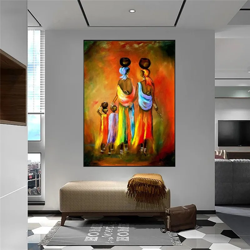 Абстрактно изкуство цветен живопис върху платно Африкански жени и деца живопис върху платно в скандинавски стил и живопис за декорация на интериора Изображение 2