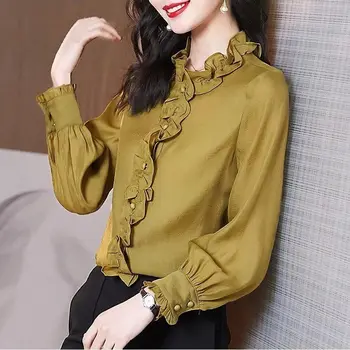 Модни дамски блузи 2021 Пролет Есен Ризи с дълги ръкави и набори на Офис дама Однотонная Ежедневни риза с копчета Дамски дрехи 2