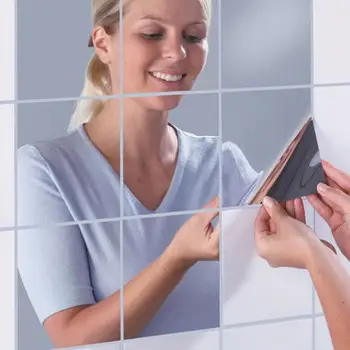 16шт 3D Квадратчета Огледала ПАТ Самозалепващи се Плочки Стикери За стена Огледално Мебелни Фолиа Стикер за Декорация на Дома Баня 2