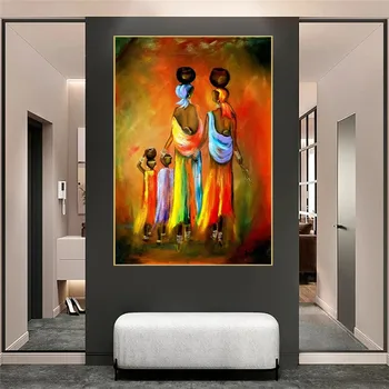 Абстрактно изкуство цветен живопис върху платно Африкански жени и деца живопис върху платно в скандинавски стил и живопис за декорация на интериора