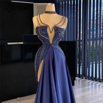 Сини вечерни рокли от мъниста Дреха за партита Illision Pageant Вечерни рокли 2021 Дълги рокли за абитуриентски бал Сатен Дубай вечерни дрехи Caftans 1
