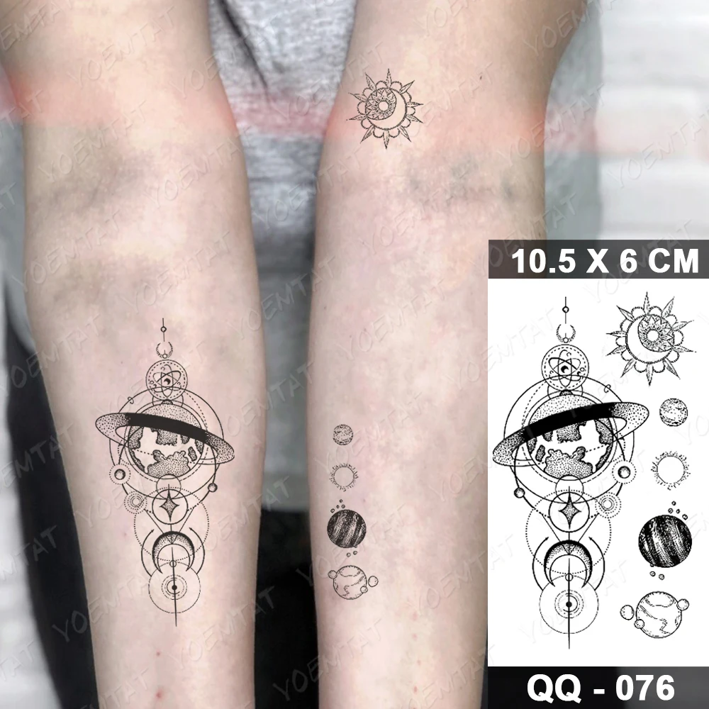 Водоустойчив Временна Татуировка Стикер Слънцето, Земята и Вселената Астронавт Флаш Татуировка Геометрична Звезда Фалшива Татуировка За Боди-Арт за Жени, мъже Изображение 1