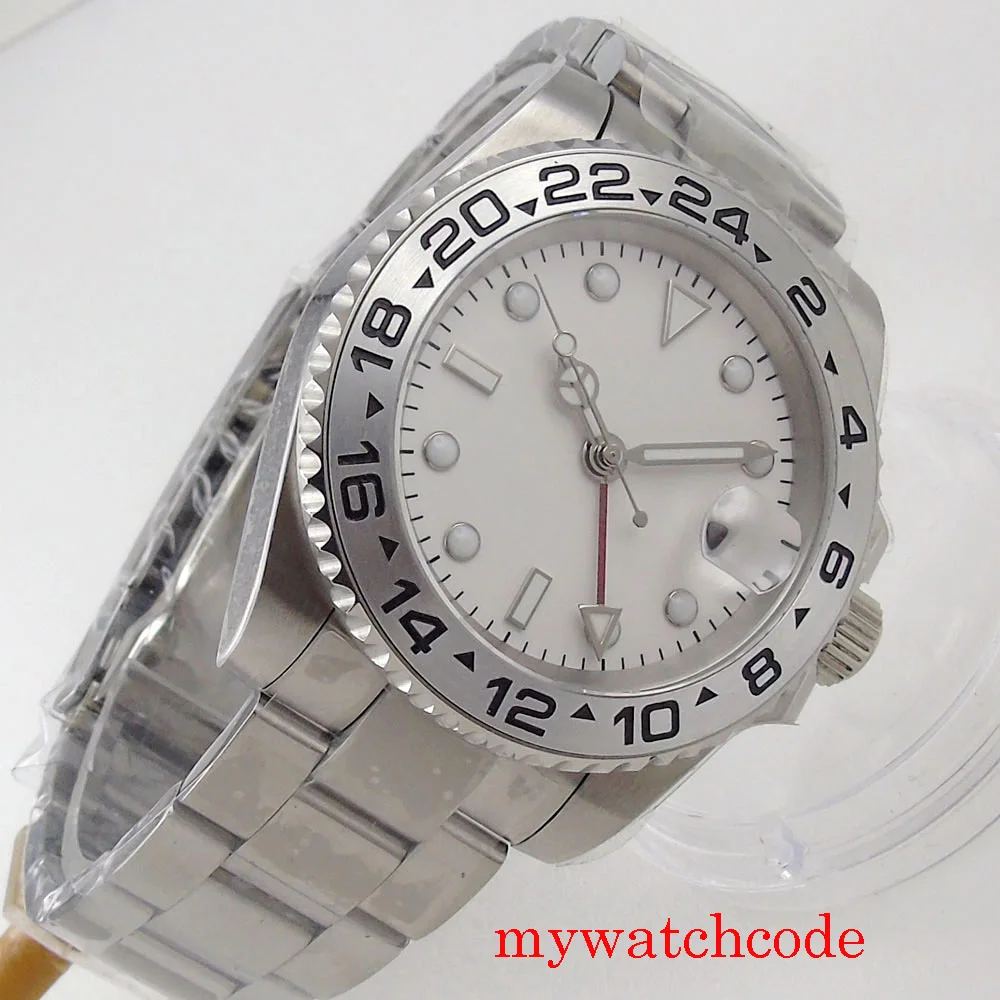 40 мм Автоматичен часовник GMT За мъже Стерилен Бял циферблат Дата Въртящи Bezel Гривна Oyster-стридата Bezel Поставяне Сапфирен кристал Изображение 1