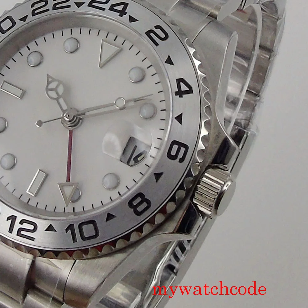 40 мм Автоматичен часовник GMT За мъже Стерилен Бял циферблат Дата Въртящи Bezel Гривна Oyster-стридата Bezel Поставяне Сапфирен кристал Изображение 2