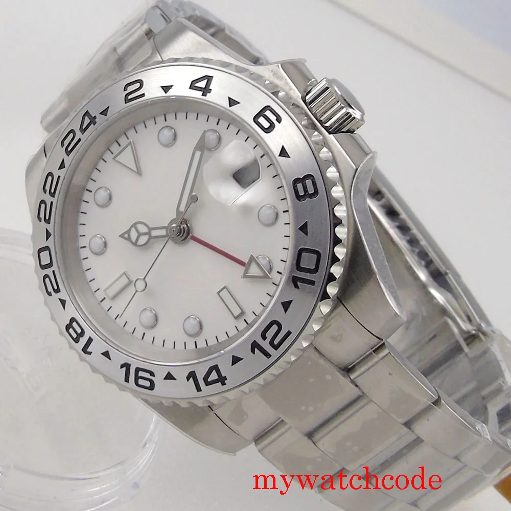 40 мм Автоматичен часовник GMT За мъже Стерилен Бял циферблат Дата Въртящи Bezel Гривна Oyster-стридата Bezel Поставяне Сапфирен кристал Изображение 3