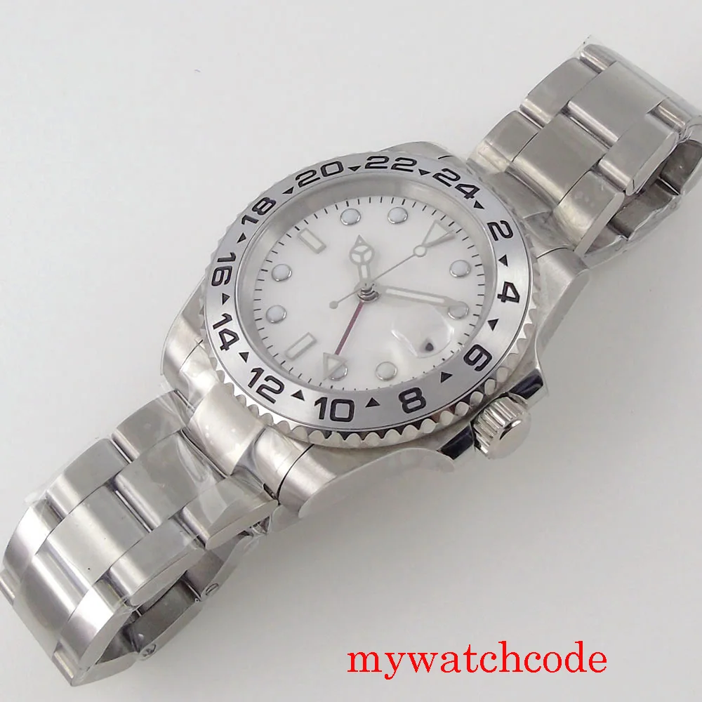 40 мм Автоматичен часовник GMT За мъже Стерилен Бял циферблат Дата Въртящи Bezel Гривна Oyster-стридата Bezel Поставяне Сапфирен кристал Изображение 4