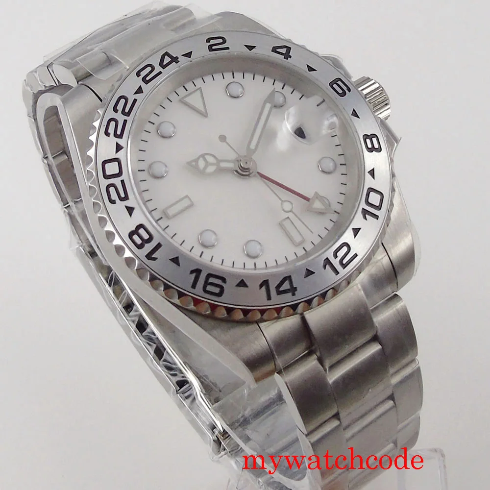 40 мм Автоматичен часовник GMT За мъже Стерилен Бял циферблат Дата Въртящи Bezel Гривна Oyster-стридата Bezel Поставяне Сапфирен кристал Изображение 5