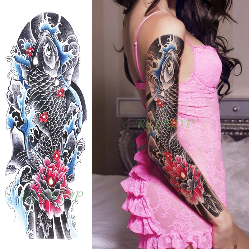 Водоустойчив временна татуировка Стикер шаран риба японски стил водна цвете пълна ръка фалшива татуировка флаш ръкав татуировка за мъже и жени Изображение 1