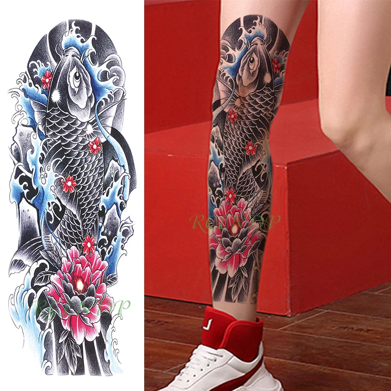 Водоустойчив временна татуировка Стикер шаран риба японски стил водна цвете пълна ръка фалшива татуировка флаш ръкав татуировка за мъже и жени Изображение 2