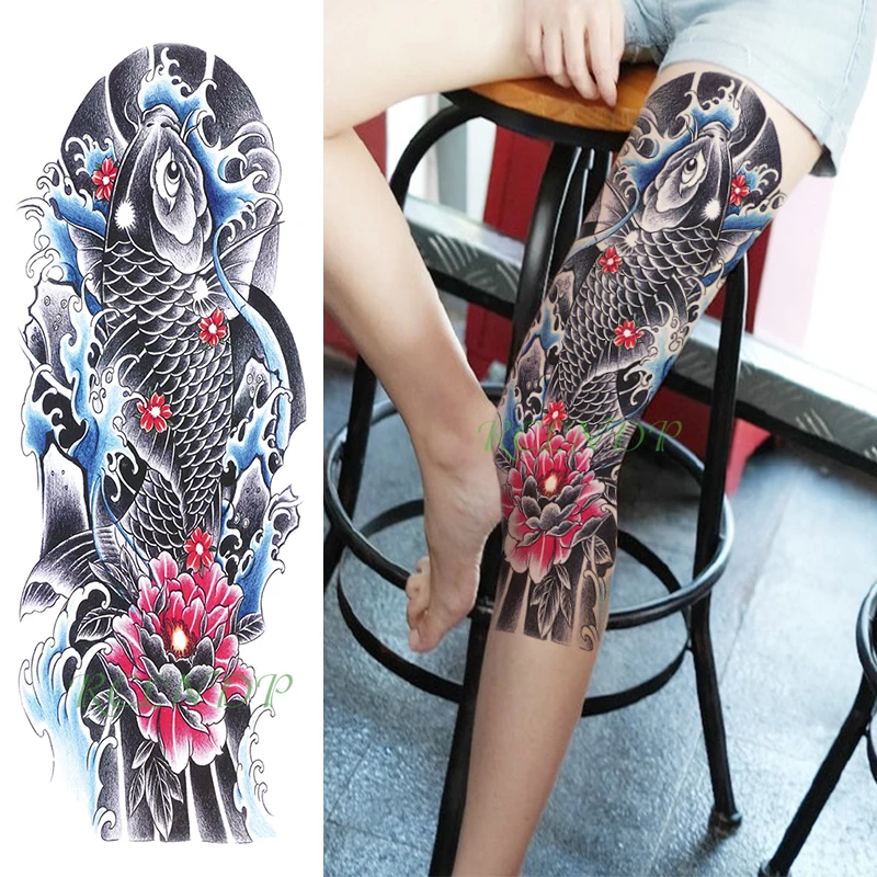 Водоустойчив временна татуировка Стикер шаран риба японски стил водна цвете пълна ръка фалшива татуировка флаш ръкав татуировка за мъже и жени Изображение 5
