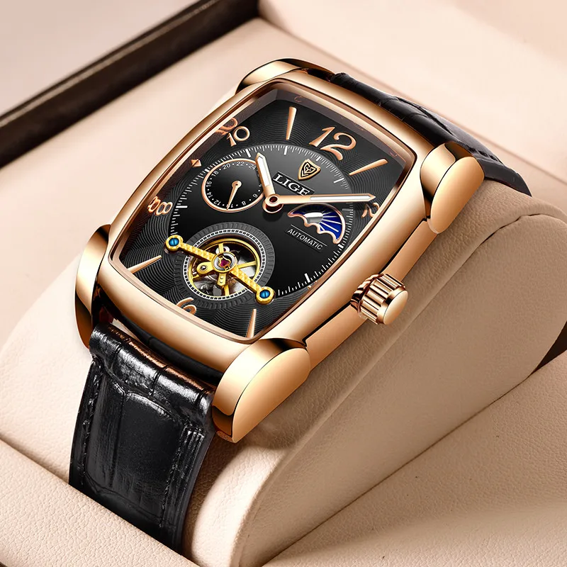 LIGE Мъжки Механични часовници с турбийоном Автоматични часовници за мъже, Бизнес, Спортни Ръчни часовници Светещи Водоустойчив Часовник на кожени колана Изображение 1