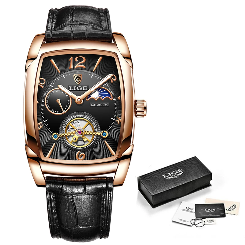 LIGE Мъжки Механични часовници с турбийоном Автоматични часовници за мъже, Бизнес, Спортни Ръчни часовници Светещи Водоустойчив Часовник на кожени колана Изображение 3