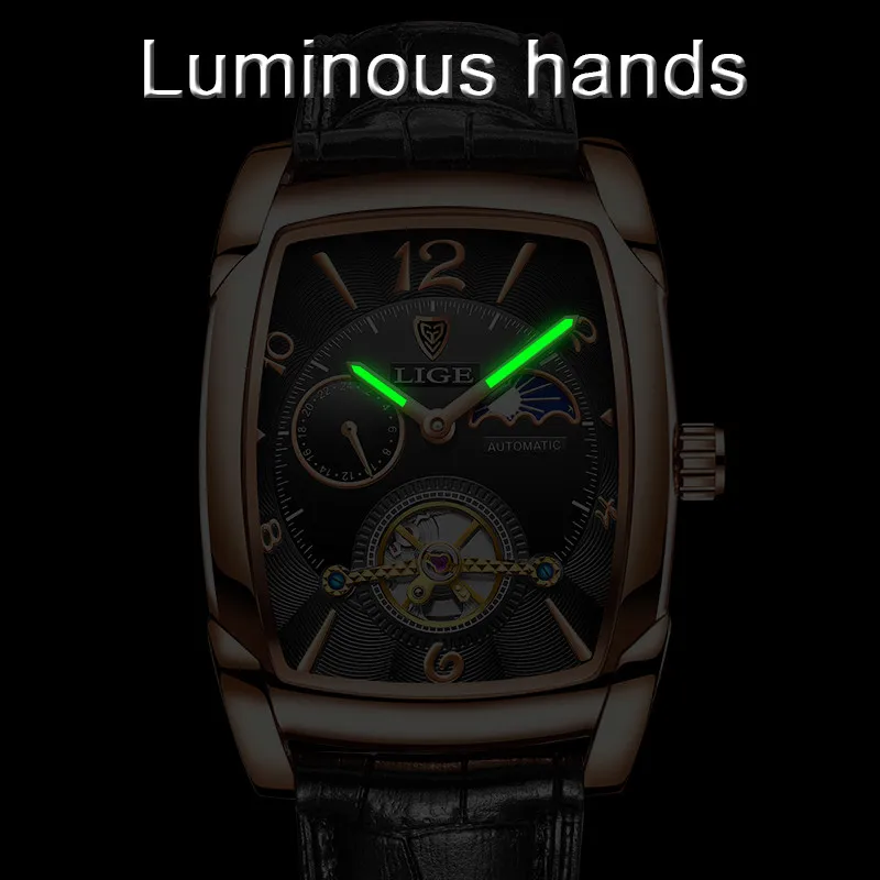 LIGE Мъжки Механични часовници с турбийоном Автоматични часовници за мъже, Бизнес, Спортни Ръчни часовници Светещи Водоустойчив Часовник на кожени колана Изображение 5