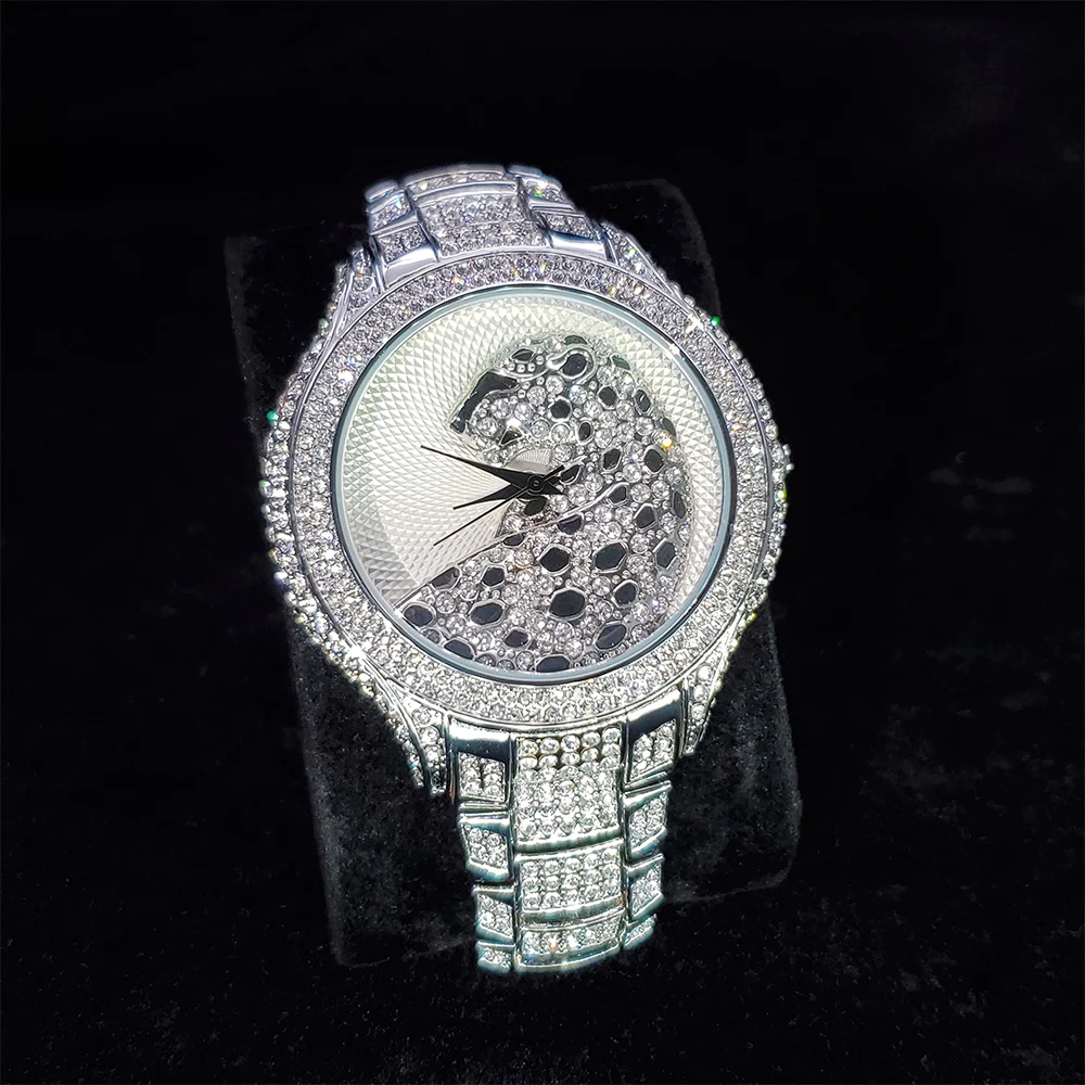 Нов Стил Сребърни Мъжки Луксозни часовници Bling с пълна диамантен пръстен Кварцов Ръчен часовник От Неръждаема Стомана Гривна Подарък Светещи Часовници Мъжки часовници Изображение 1