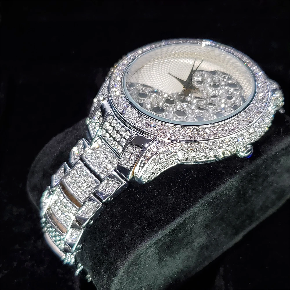 Нов Стил Сребърни Мъжки Луксозни часовници Bling с пълна диамантен пръстен Кварцов Ръчен часовник От Неръждаема Стомана Гривна Подарък Светещи Часовници Мъжки часовници Изображение 3