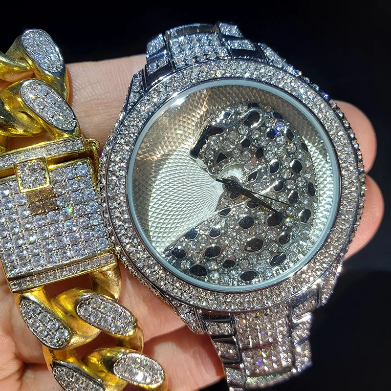Нов Стил Сребърни Мъжки Луксозни часовници Bling с пълна диамантен пръстен Кварцов Ръчен часовник От Неръждаема Стомана Гривна Подарък Светещи Часовници Мъжки часовници Изображение 5