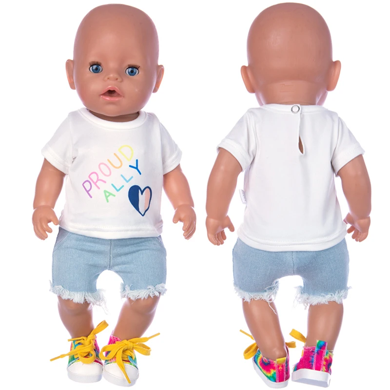 Роден на Ново Бебе е Подходящ за 18 см 43 см Аксесоари за дрехи за кукли Петолъчна Звезда Бели Памучни шорти Деним Костюм за Подарък за Рожден Ден на дете Изображение 3