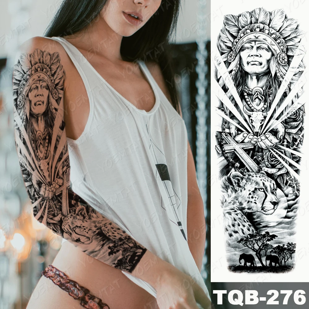 Голяма Татуировка с Ръкав на цялата ръка на едно Момиче от Индианско Племе, Водоустойчив Временна Татуировка Стикер на Лодката Роза Океан от Мъже, Жени Боди-Арт Татуировка Изображение 1
