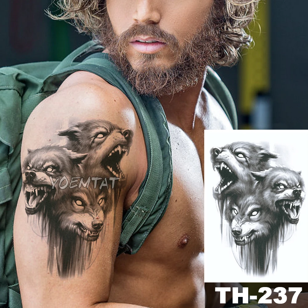 Водоустойчив Временен Стикер Tattoo Скица три вълк-като главата модел животни Прехвърляне на Вода боди-арт флаш фалшиви татуировки Изображение 5