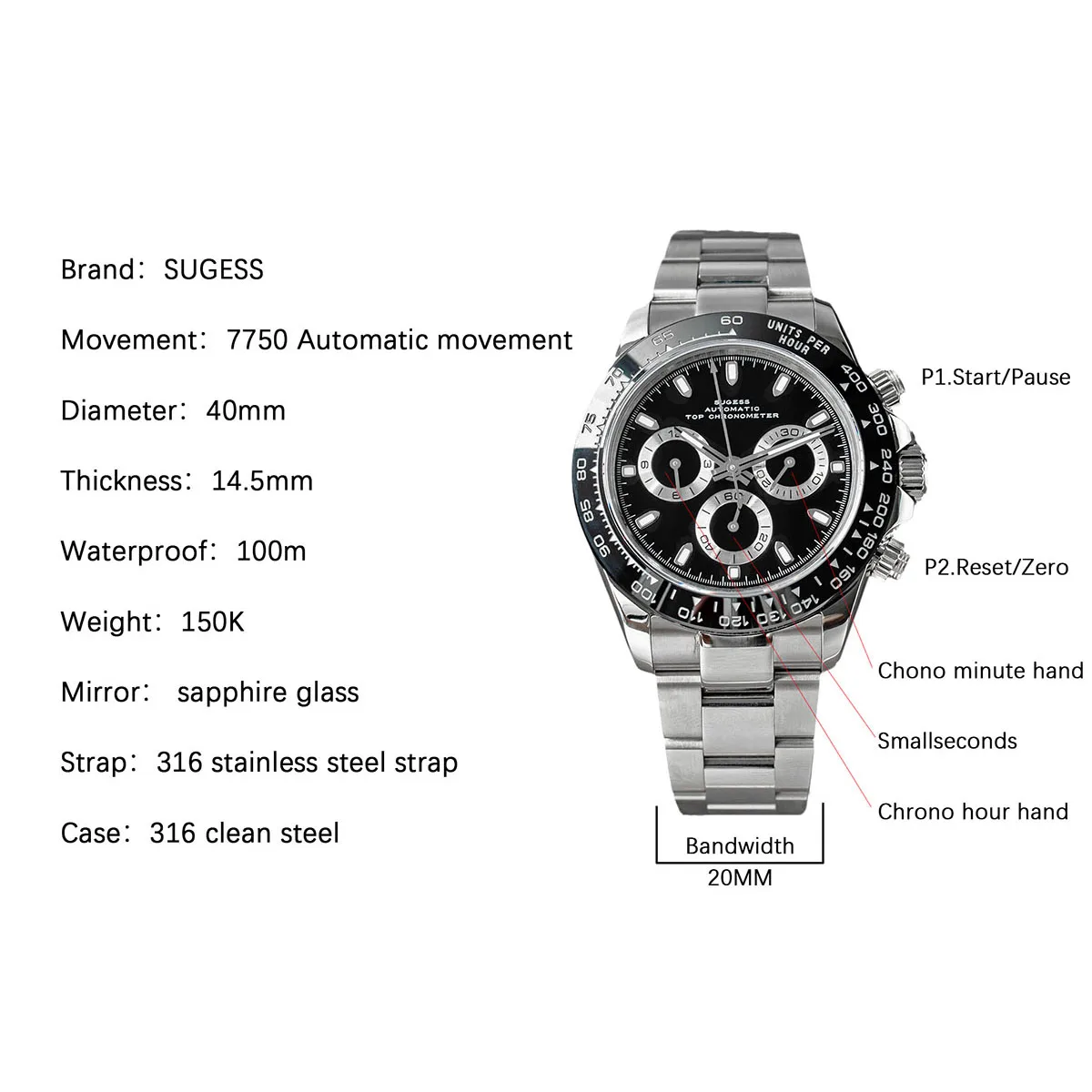 Sugess Panda 7750 Механизъм Автоматичен механичен Хронограф часовник е Водоустойчив Мъжки часовник за гмуркане Керамични bezel Подарък за Ден-Тон Изображение 2