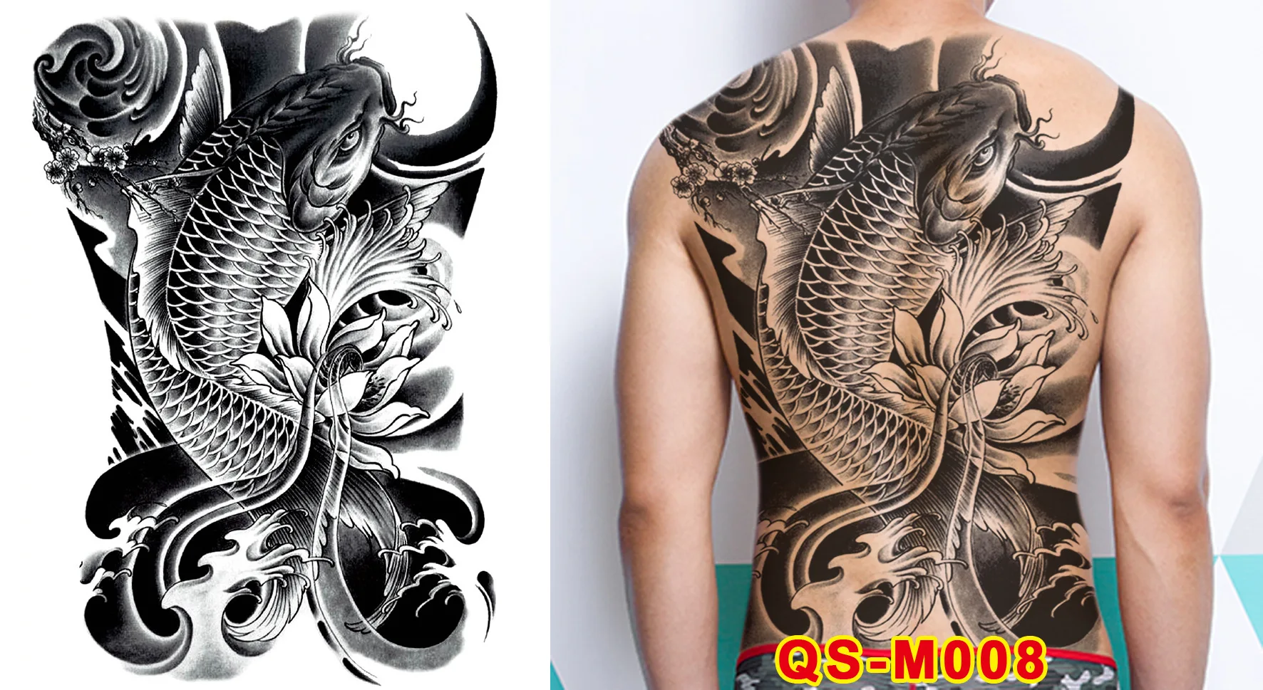 Голяма временна татуировка за мъже Боди арт с татуировка на гърба си цялата Стикер с татуировка Риба, Демон, Ангелски Крила, Татуировка на Дракон, Водоустойчив Изображение 2