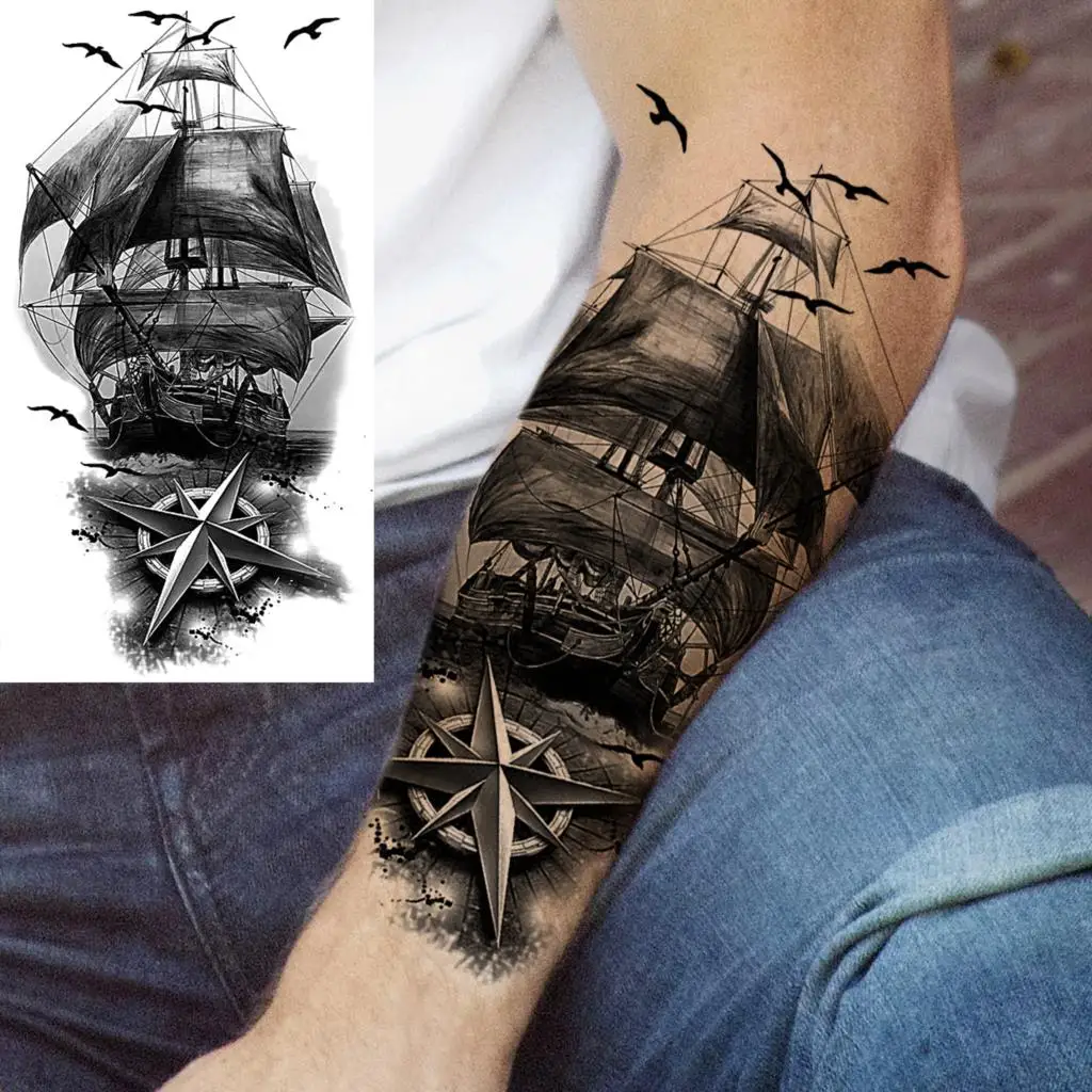 Пиратски Кораб На Котва Временни Татуировки За Мъже, Жени, Възрастни Рози Цвете Пиратски Череп Фалшиви Татуировки Фалшиви Татуировки, Боди-Арт Големи Татуировки Изображение 2