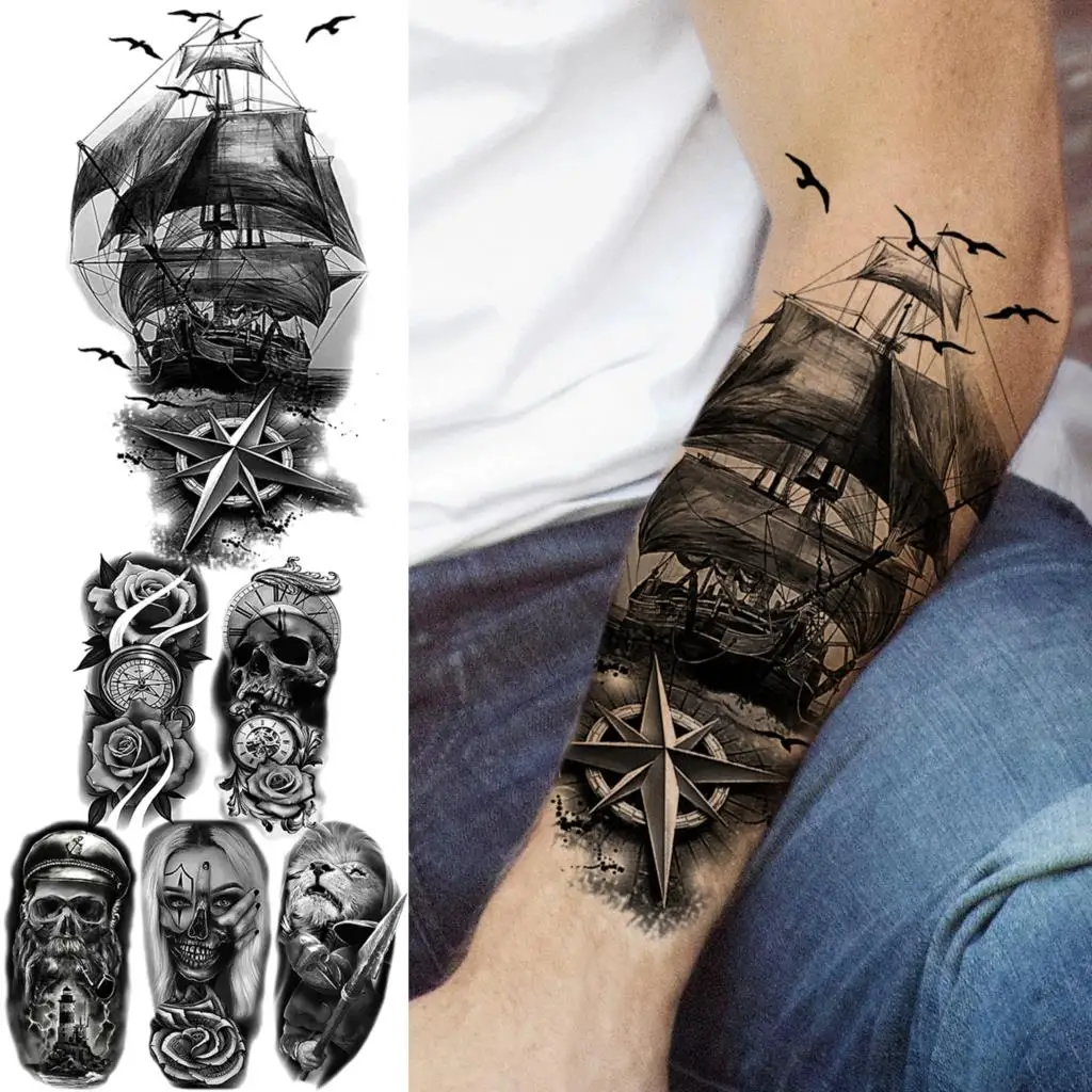 Пиратски Кораб На Котва Временни Татуировки За Мъже, Жени, Възрастни Рози Цвете Пиратски Череп Фалшиви Татуировки Фалшиви Татуировки, Боди-Арт Големи Татуировки Изображение 3