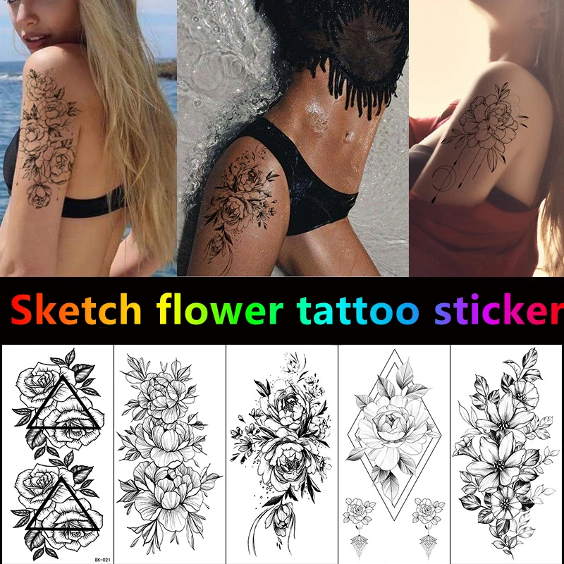 Скица цветни татуировки паста 3D дамски водоустойчив татуировка стикер на ръка, татуировки, изкуство фалшива татуировка за жени временна татуировка Изображение 3