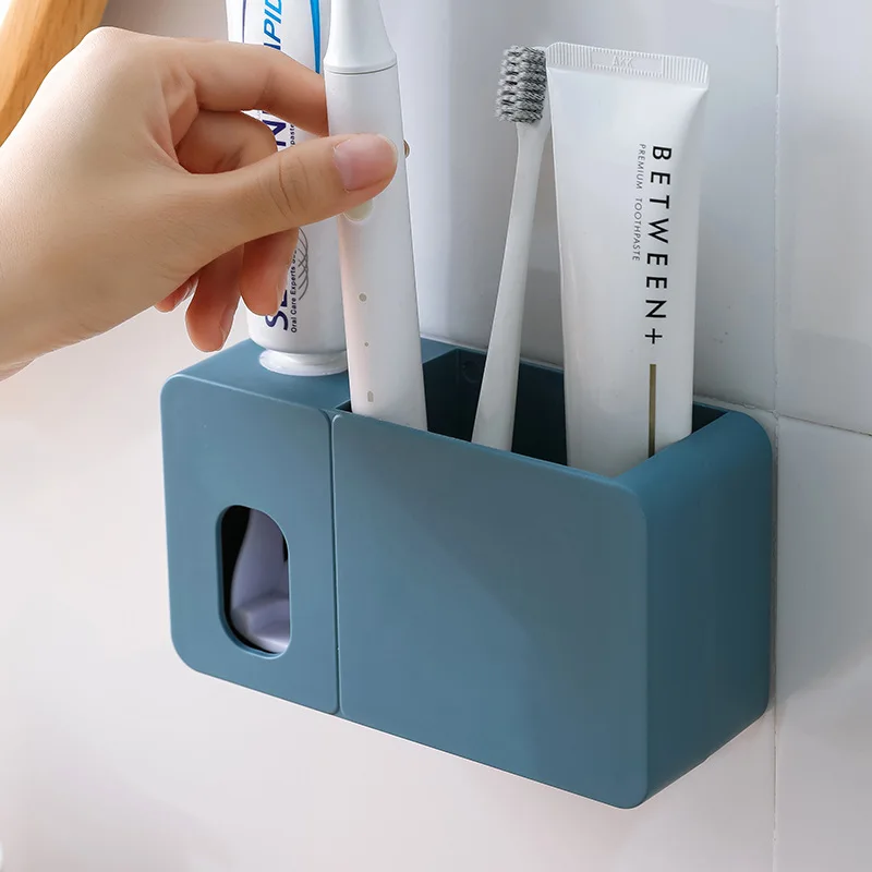 2 В 1 Автоматично Опаковка на Паста за зъби С Притежателя на Четка за зъби Монтиране на стена Сокоизстисквачка за паста за зъби Органайзер За вани и Аксесоари за баня Изображение 1
