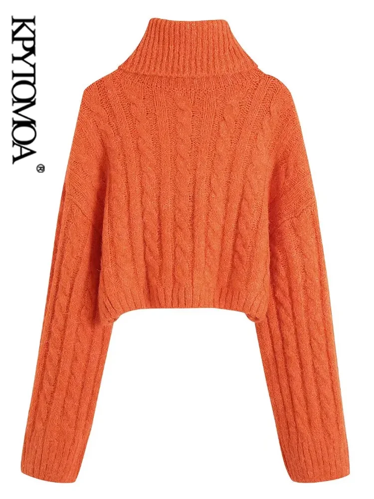 KPYTOMOA Дамска мода Дебела топла зима Съкратен пуловер кабелна тел Ретро пуловер с висока воротом и дълъг ръкав Дамски пуловери шик върха Изображение 1