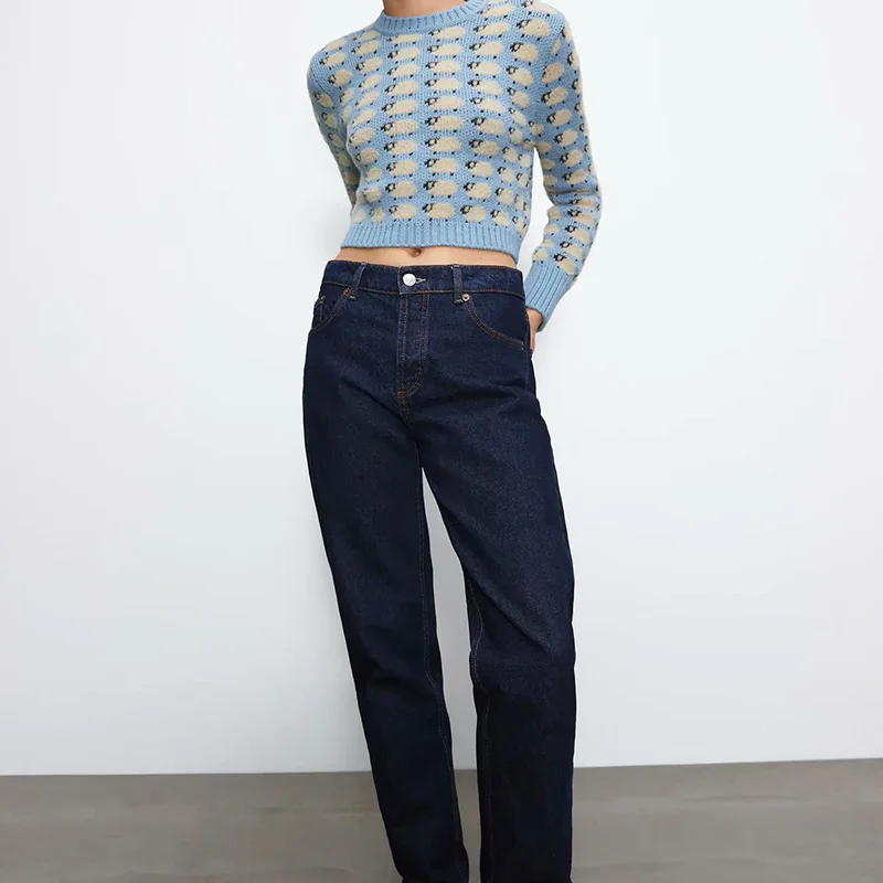 MXTIN 2021 Дамска мода с ребрена тапицерия Жаккардовый вязаный Ретро пуловер O-образно деколте с дълъг ръкав Дамски пуловери Шик върховете Изображение 1