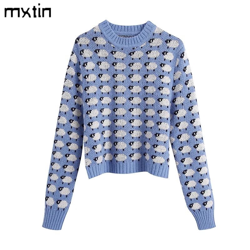 MXTIN 2021 Дамска мода с ребрена тапицерия Жаккардовый вязаный Ретро пуловер O-образно деколте с дълъг ръкав Дамски пуловери Шик върховете Изображение 2