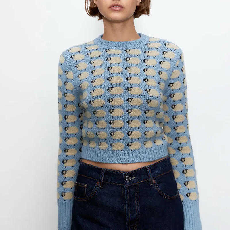 MXTIN 2021 Дамска мода с ребрена тапицерия Жаккардовый вязаный Ретро пуловер O-образно деколте с дълъг ръкав Дамски пуловери Шик върховете Изображение 5