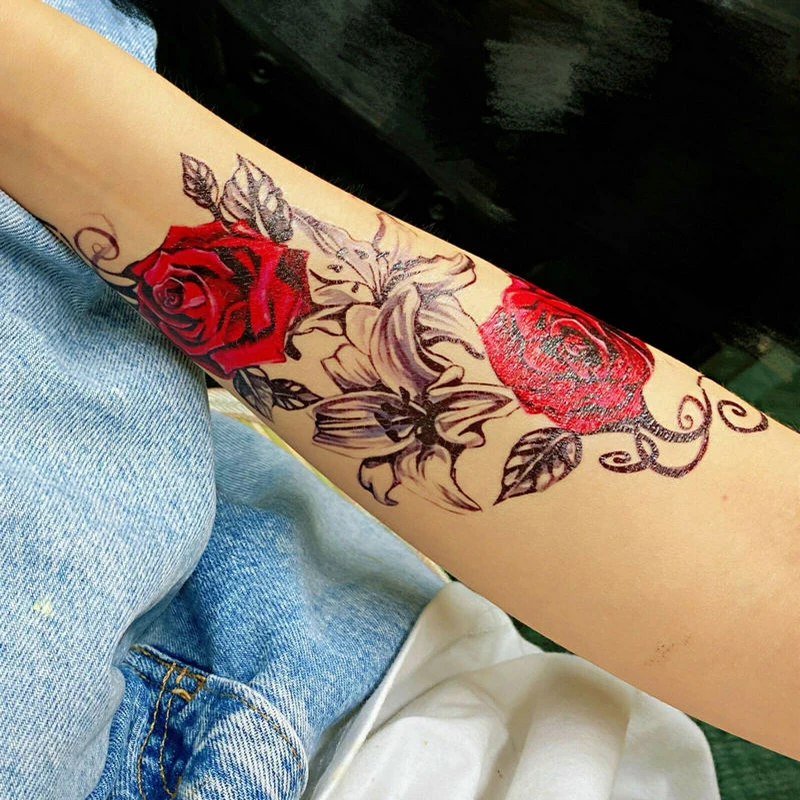 временна татуировка sticke Art 3D Рози Цвете Тяло Роза Татуировка Мода Жена, Момиче, Ръка Изкуство на Тялото Фалшиви Татуировки Стикер Водоустойчив Изображение 1