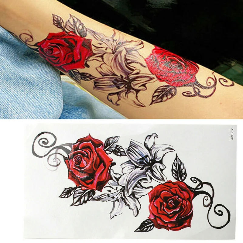 временна татуировка sticke Art 3D Рози Цвете Тяло Роза Татуировка Мода Жена, Момиче, Ръка Изкуство на Тялото Фалшиви Татуировки Стикер Водоустойчив Изображение 5