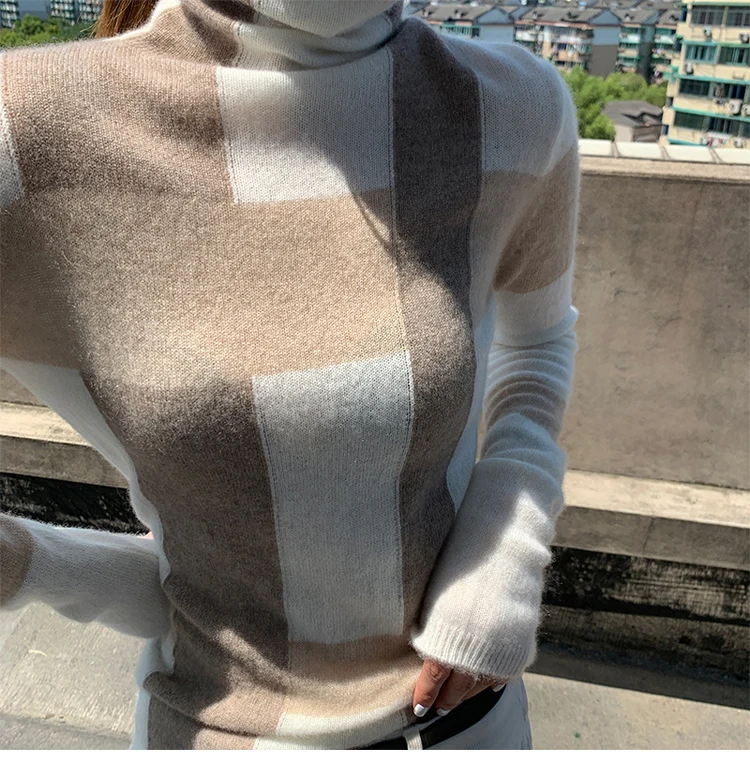 Нов вълнен пуловер за жени с високи воротом, подходящ по цвят пуловер от чиста вълна, Модерен плюс размер, топло вязаный спускане Изображение 2