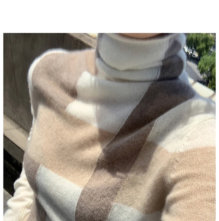 Нов вълнен пуловер за жени с високи воротом, подходящ по цвят пуловер от чиста вълна, Модерен плюс размер, топло вязаный спускане Изображение 3