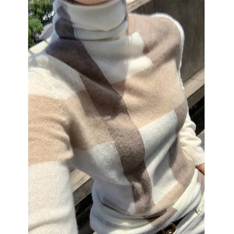 Нов вълнен пуловер за жени с високи воротом, подходящ по цвят пуловер от чиста вълна, Модерен плюс размер, топло вязаный спускане Изображение 4