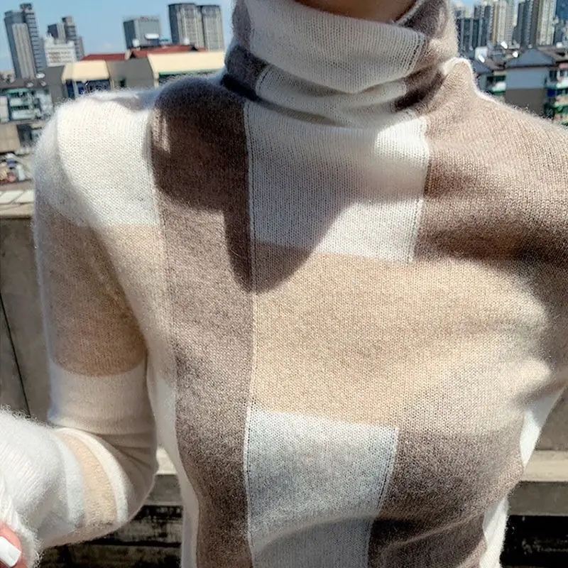 Нов вълнен пуловер за жени с високи воротом, подходящ по цвят пуловер от чиста вълна, Модерен плюс размер, топло вязаный спускане Изображение 5
