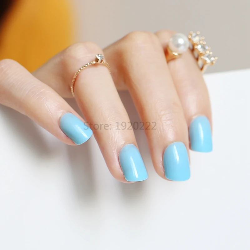 Нов 2021 24 бр. гореща мода бонбони цвят сладък ноктите готови фалшиви нокти кратък абзац синьо небе N125 Изображение 1