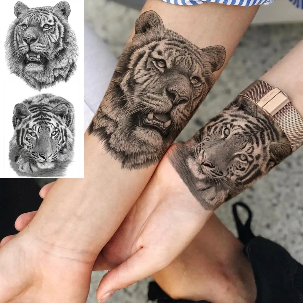 3D Черен Тигър Рози Цвете Временни Татуировки За Жени на Възрастни Мъже Реалистични Черни Животни Фалшиви Татуировки Лъв Предмишницата Пере Татуировки Изображение 1