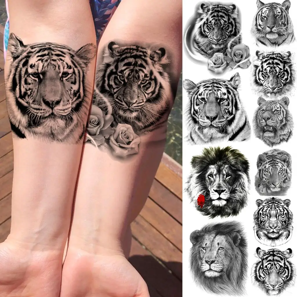 3D Черен Тигър Рози Цвете Временни Татуировки За Жени на Възрастни Мъже Реалистични Черни Животни Фалшиви Татуировки Лъв Предмишницата Пере Татуировки Изображение 2