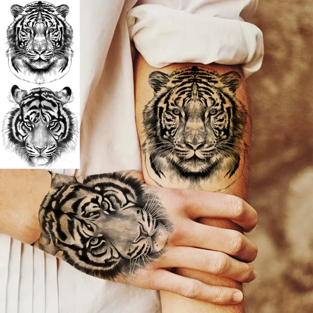3D Черен Тигър Рози Цвете Временни Татуировки За Жени на Възрастни Мъже Реалистични Черни Животни Фалшиви Татуировки Лъв Предмишницата Пере Татуировки Изображение 3